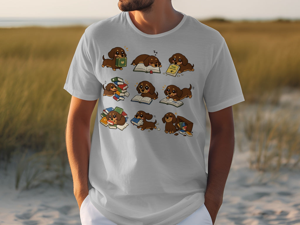 White t-shirt with cartoon dachshunds reading books and playing with books.