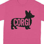 Pink t-shirt with black corgi silhouette and "CORGI" text.