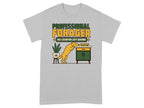 Grey t-shirt with "PROFESSIONAL FORAGER NO COUNTER LEFT" text and cartoon dog.