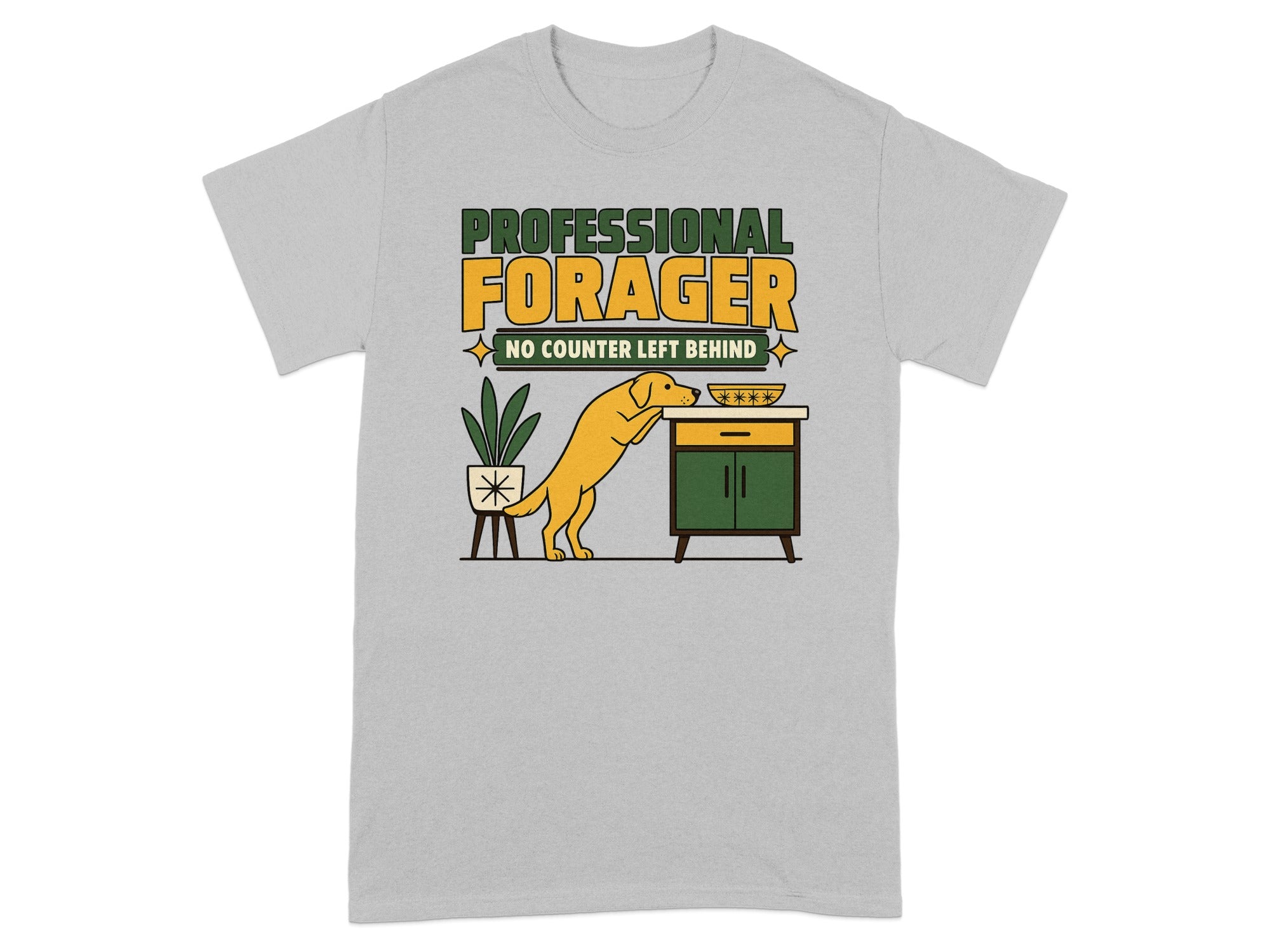 Grey t-shirt with "PROFESSIONAL FORAGER NO COUNTER LEFT" text and cartoon dog.