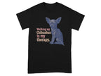 Black t-shirt with a blue chihuahua graphic and text.