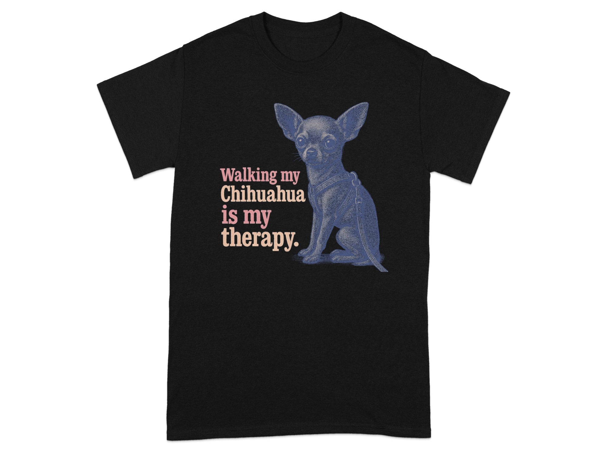 Black t-shirt with a blue chihuahua graphic and text.