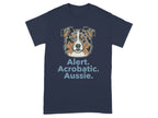 Navy t-shirt with a blue merle Australian Shepherd and text "Alert. Acrobatic. Aussie."