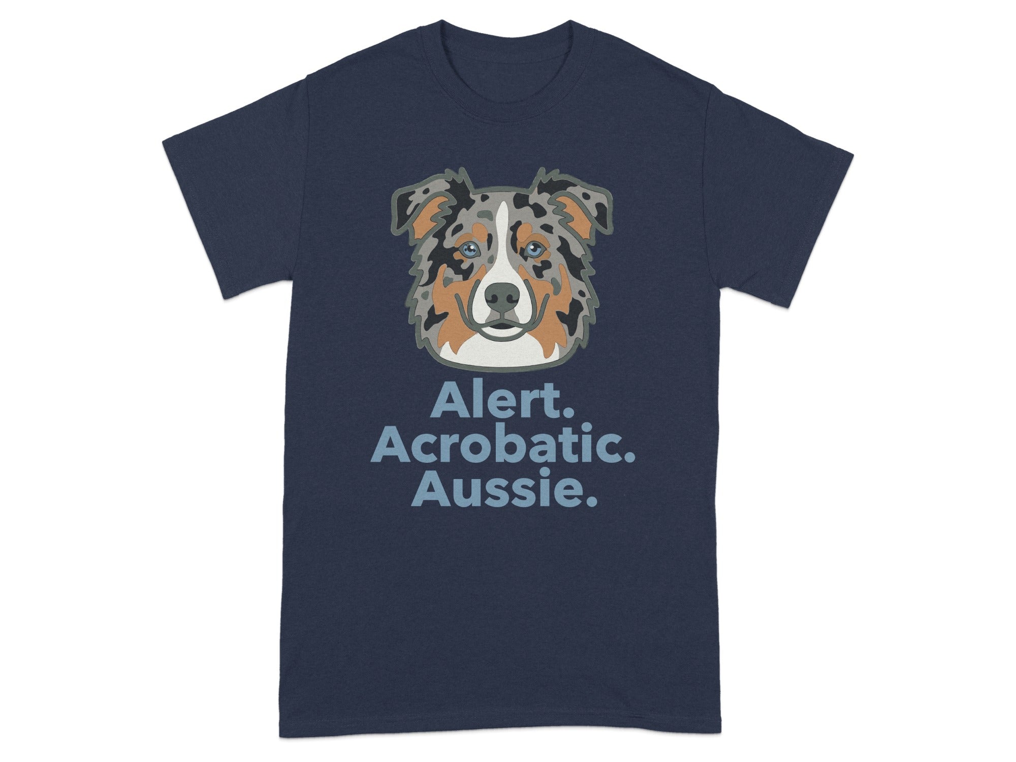 Navy t-shirt with a blue merle Australian Shepherd and text "Alert. Acrobatic. Aussie."