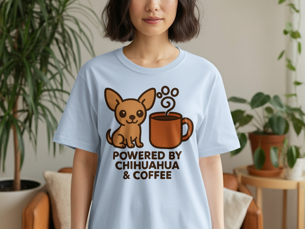 Light blue t-shirt with cartoon chihuahua and coffee mug graphic and text.