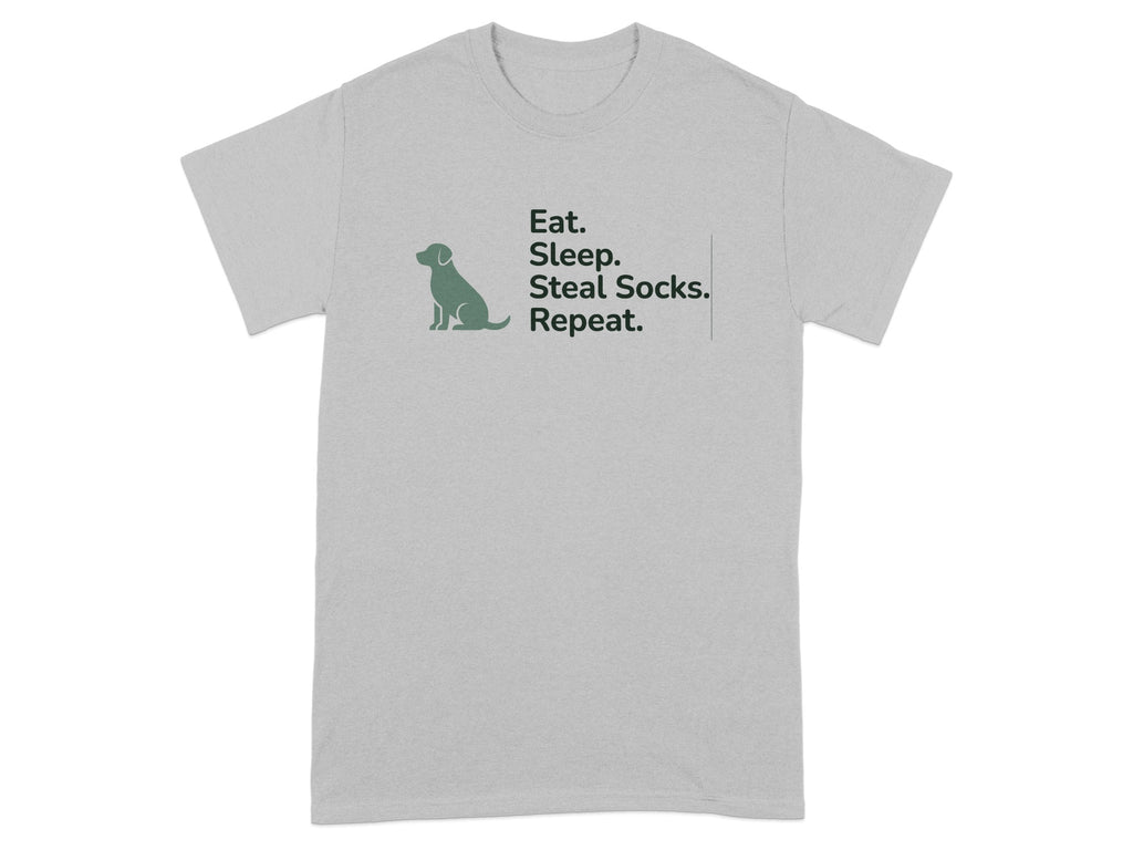 Gray t-shirt with text "Eat. Sleep. Steal Socks. Repeat." and a dog icon.