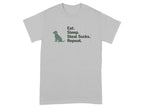 Gray t-shirt with text "Eat. Sleep. Steal Socks. Repeat." and a dog icon.