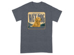 Golden retriever in water with "Wet Dog" text in a vintage-style illustration.