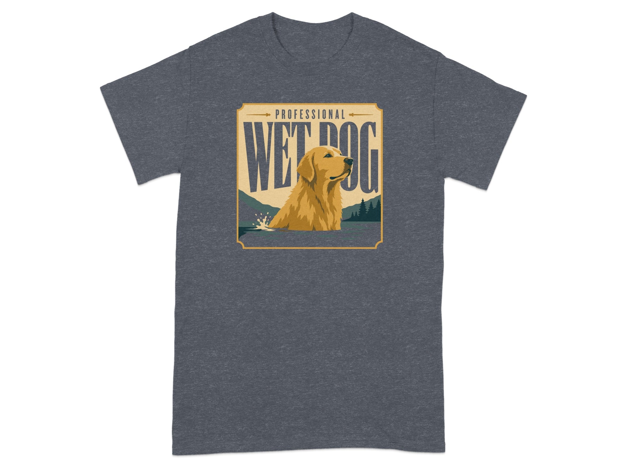 Golden retriever in water with "Wet Dog" text in a vintage-style illustration.