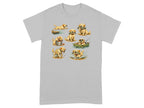 Collage of Labrador puppies fishing and playing with fish on a grey t-shirt.