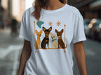 Four cartoon dogs with distinct collars and accessories sit on a shelf.