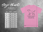 Gildan 5000 Heavy Cotton T-Shirt size chart with dog graphic and text.