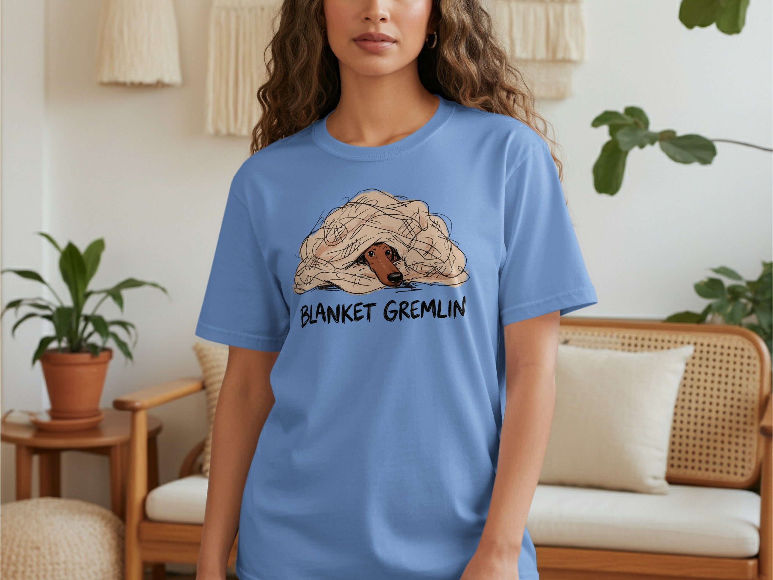 Blue t-shirt with "Blanket Gremlin" text and a dog peeking out from a blanket.