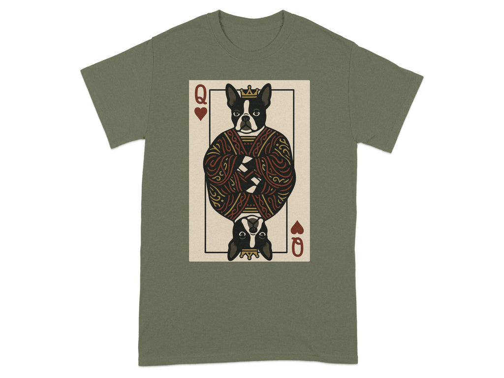 Queen of Hearts playing card design featuring a French Bulldog wearing a crown and ornate robe.