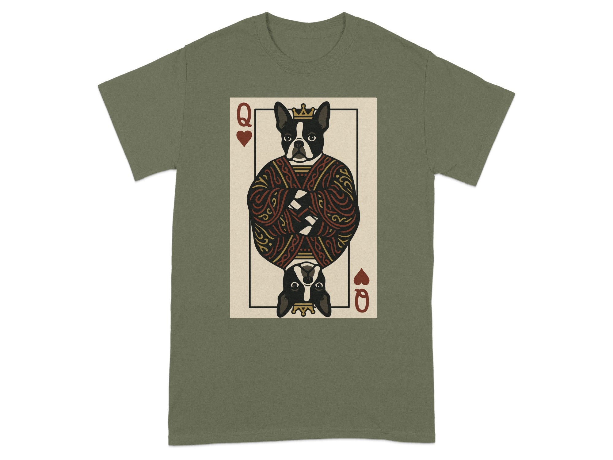Queen of Hearts playing card design featuring a French Bulldog wearing a crown and ornate robe.
