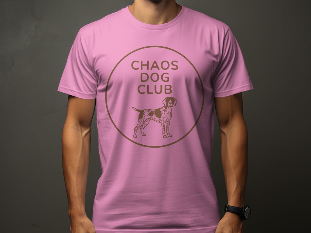 Pink t-shirt with "Chaos Dog Club" and a dog silhouette.