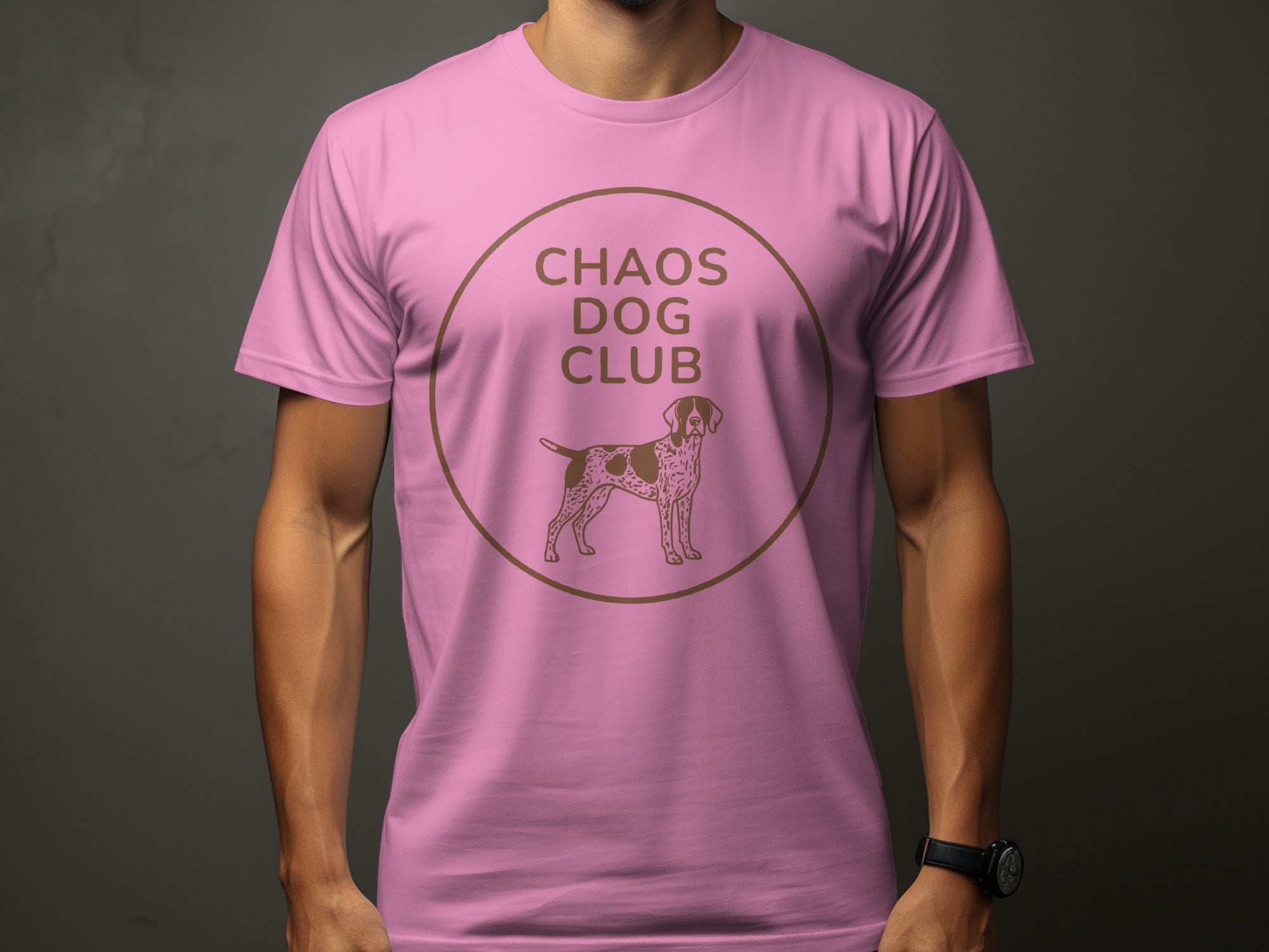 Pink t-shirt with "Chaos Dog Club" and a dog silhouette.