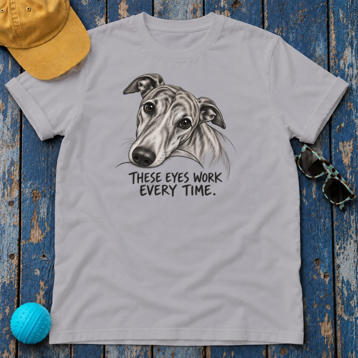 These Eyes Work Every Time Greyhound T-Shirt in Athletic Heather - flat lay