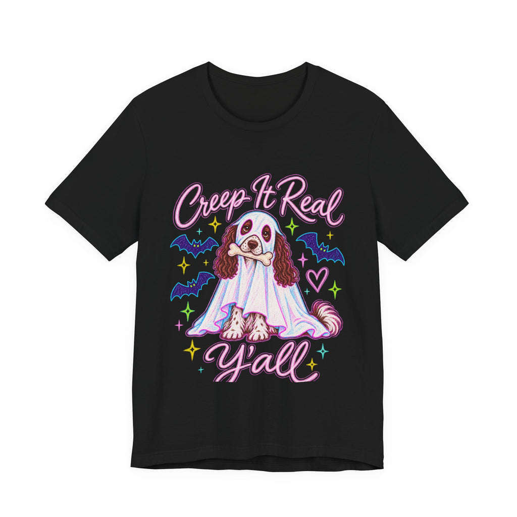 English Springer Spaniel Creep It Real Y'all t-shirt in Black, front view