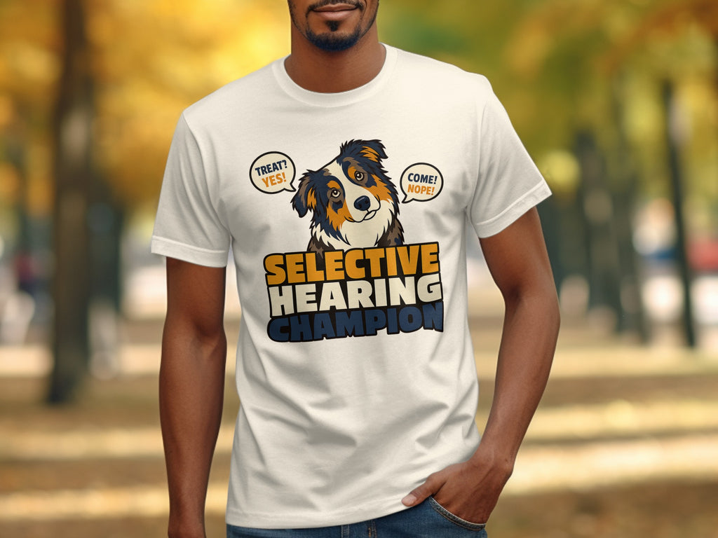 White t-shirt with cartoon dog graphic saying "Treat? Yes! Come? Nope!"