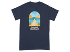 Navy t-shirt with pug sitting by a lake with text "Paws And Reflect".