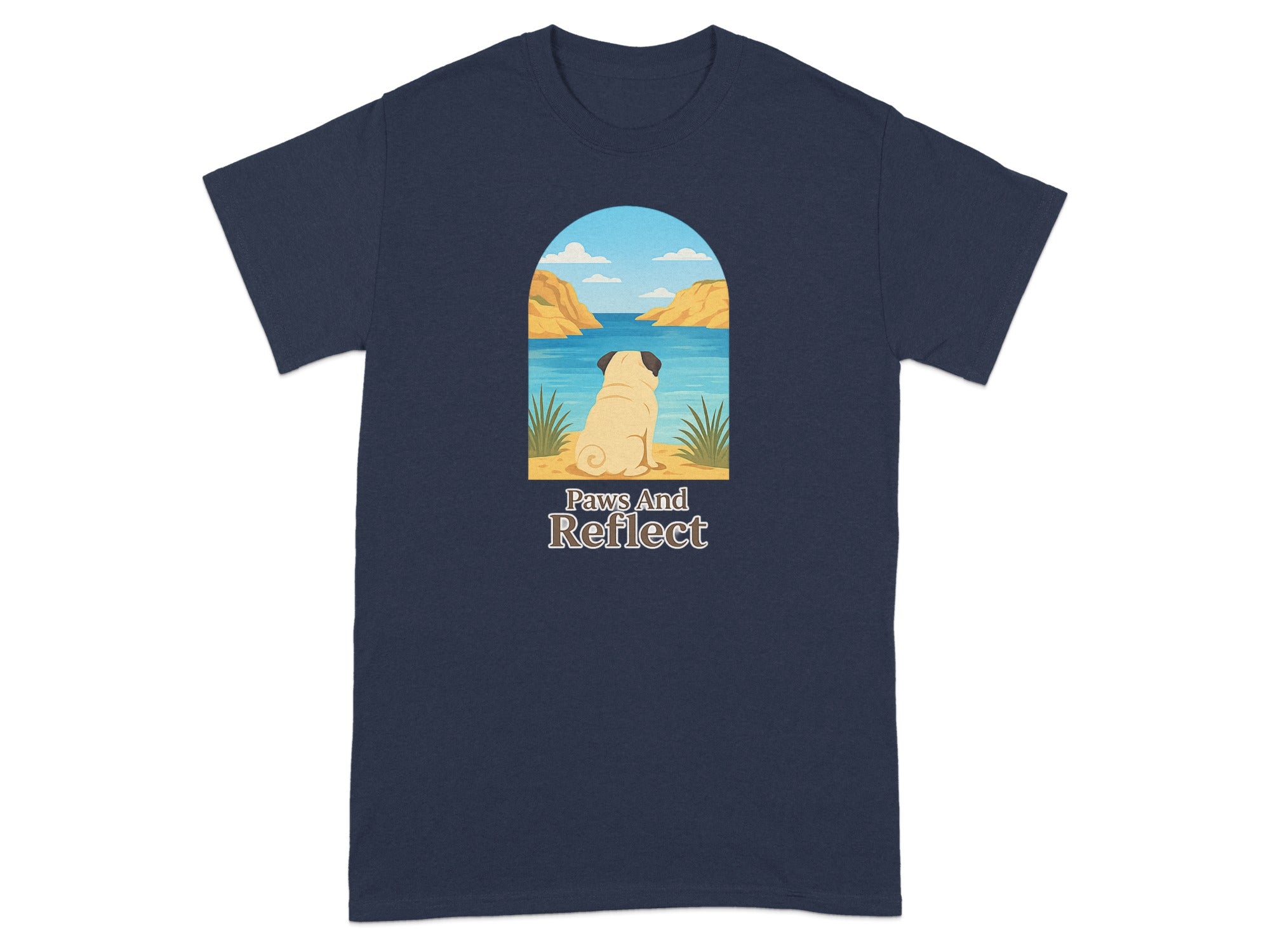 Navy t-shirt with pug sitting by a lake with text "Paws And Reflect".