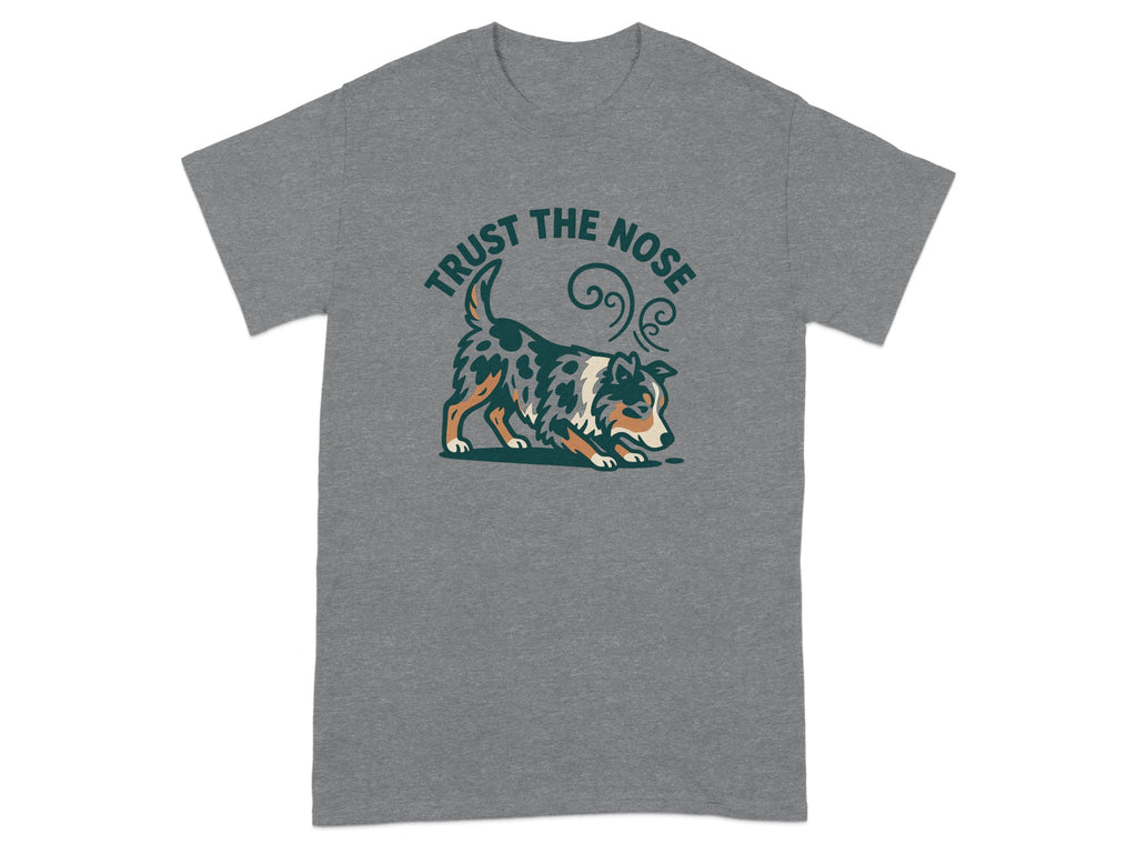 T-shirt with a cartoon dog and text "TRUST THE NOSE".