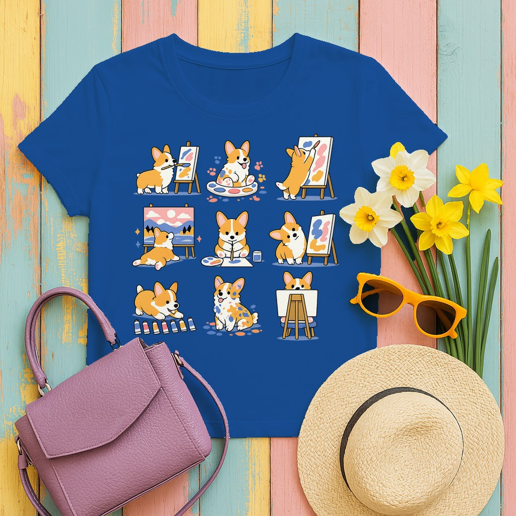 Whimsical Corgi Artist T-Shirt in Royal