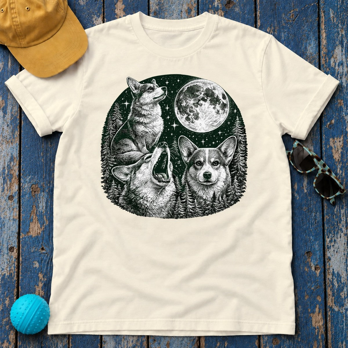 Mystical Corgi Moonlit Forest T-Shirt in Natural