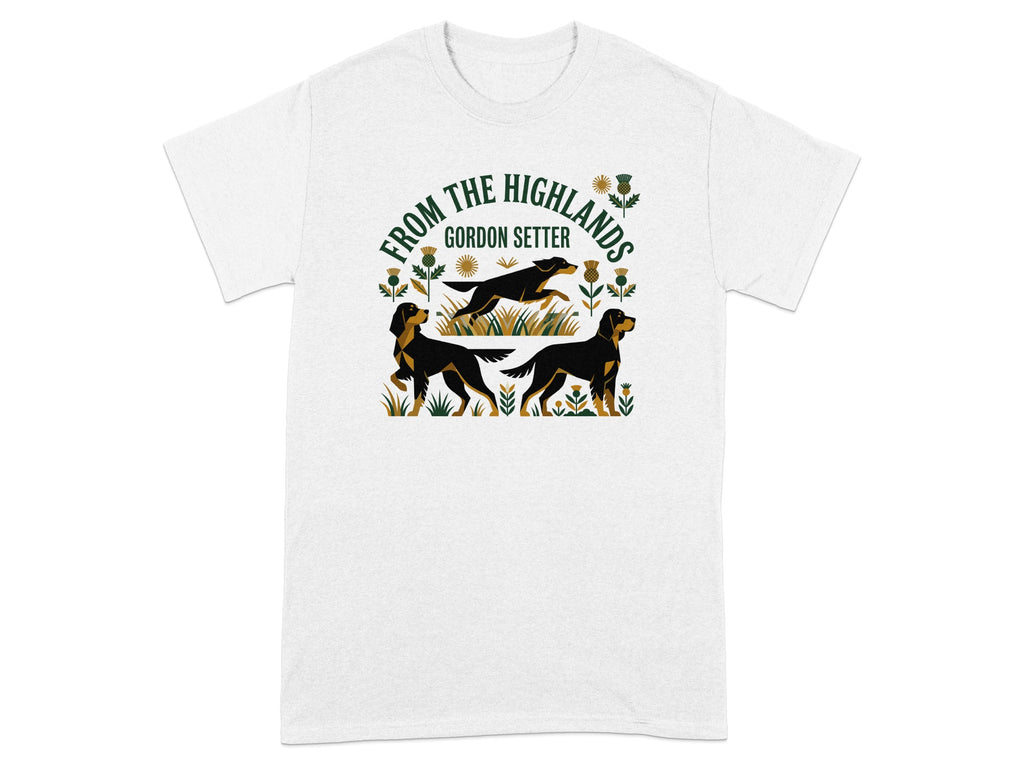 T-shirt graphic with three Gordon Setters and "FROM THE HIGHLANDS" text.