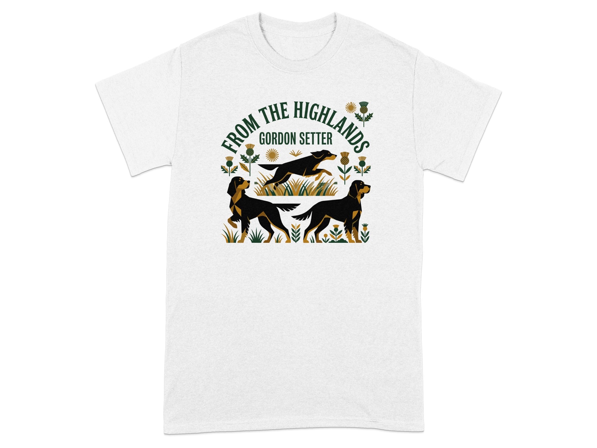 T-shirt graphic with three Gordon Setters and "FROM THE HIGHLANDS" text.
