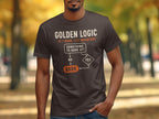 Dark t-shirt with "Golden Logic" flowchart about barking.