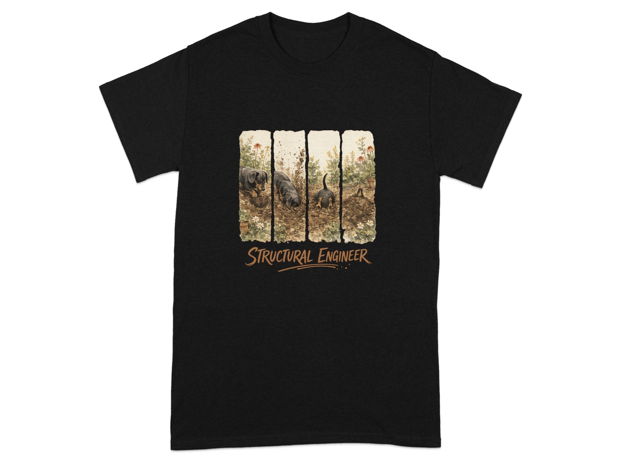 Black t-shirt with four panels of dachshunds digging in dirt and flowers, text reads "STRUCTURAL ENGINEER".