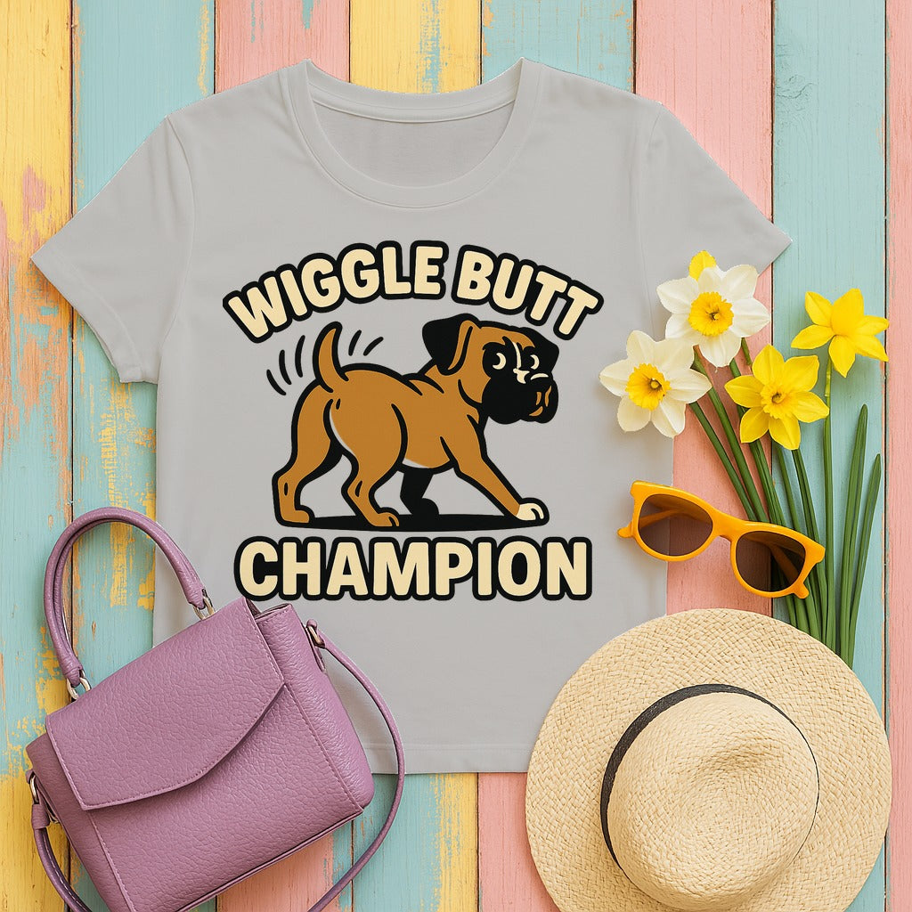 Boxer Dog Unisex T-shirt - Wiggle Butt Champion in Ash