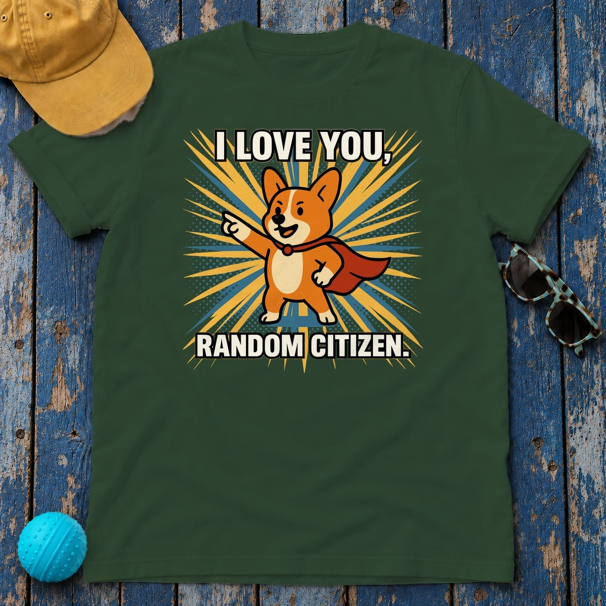 I Love You Random Citizen Corgi Hero T-Shirt in Forest Green