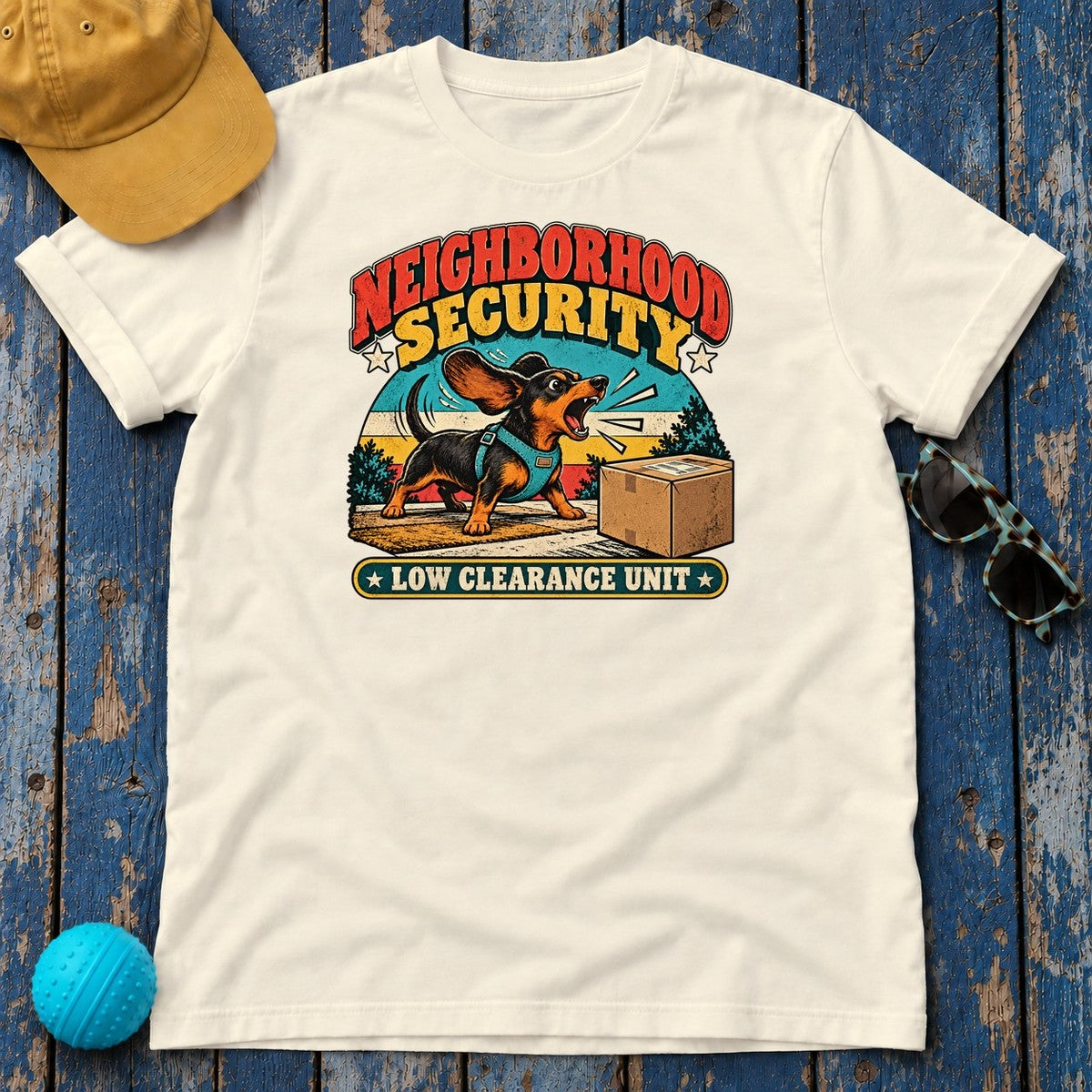 Neighborhood Security Low Clearance Unit Dachshund T-Shirt in Natural - flat lay