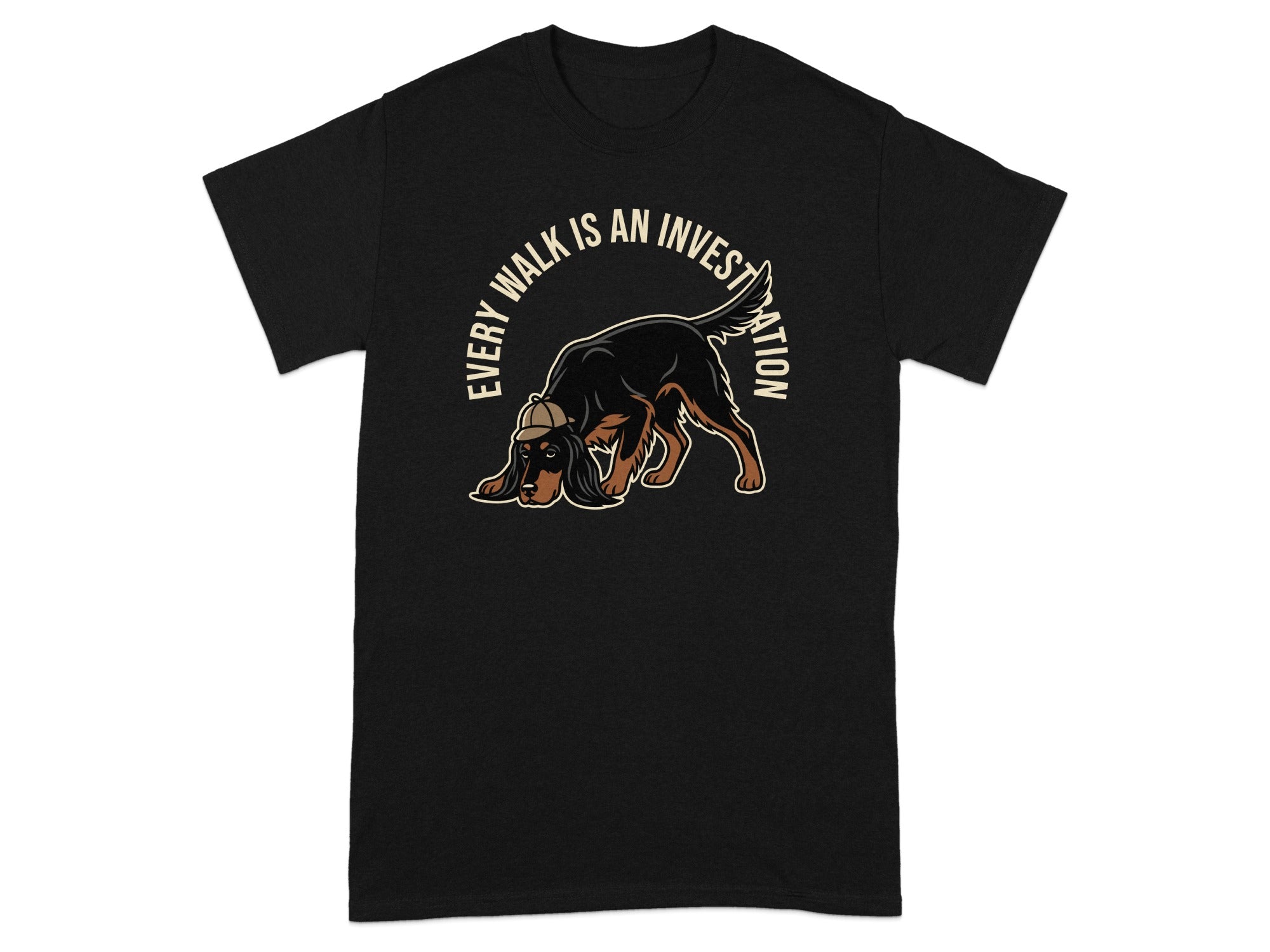 Black t-shirt with a brown dog sniffing the ground and text "Every Walk Is An Investigation".