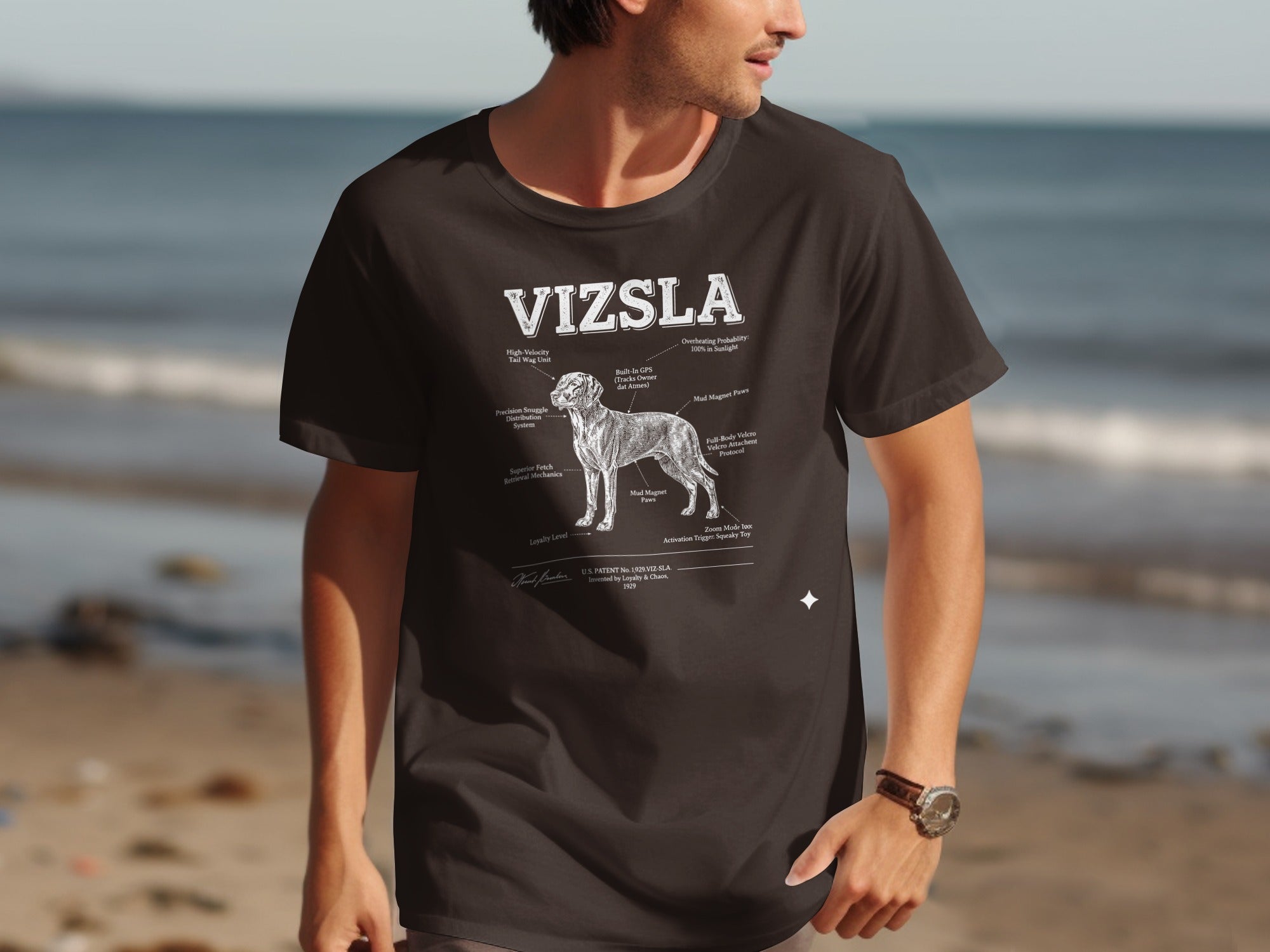 Vizsla diagram on a dark t-shirt detailing dog's features.