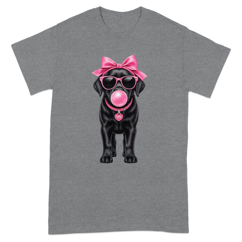 Black Labrador wearing sunglasses, pink bow, and chewing bubblegum, with "Girl" tag.