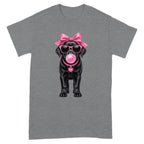 Black Labrador wearing sunglasses, pink bow, and chewing bubblegum, with "Girl" tag.