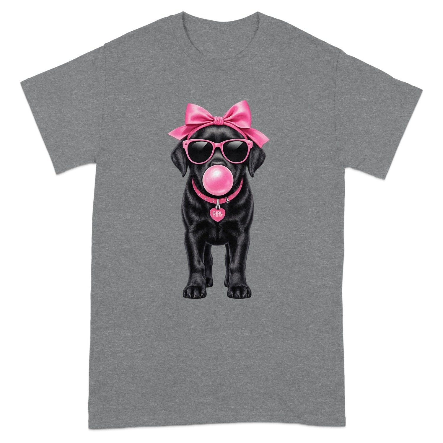 Black Labrador wearing sunglasses, pink bow, and chewing bubblegum, with "Girl" tag.