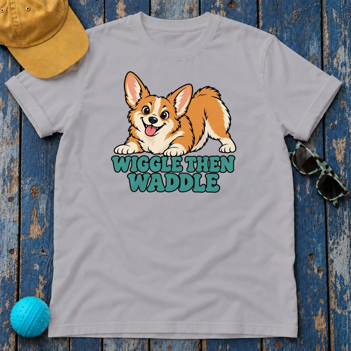 Wiggle Then Waddle Corgi T-Shirt in Athletic Heather - flat lay