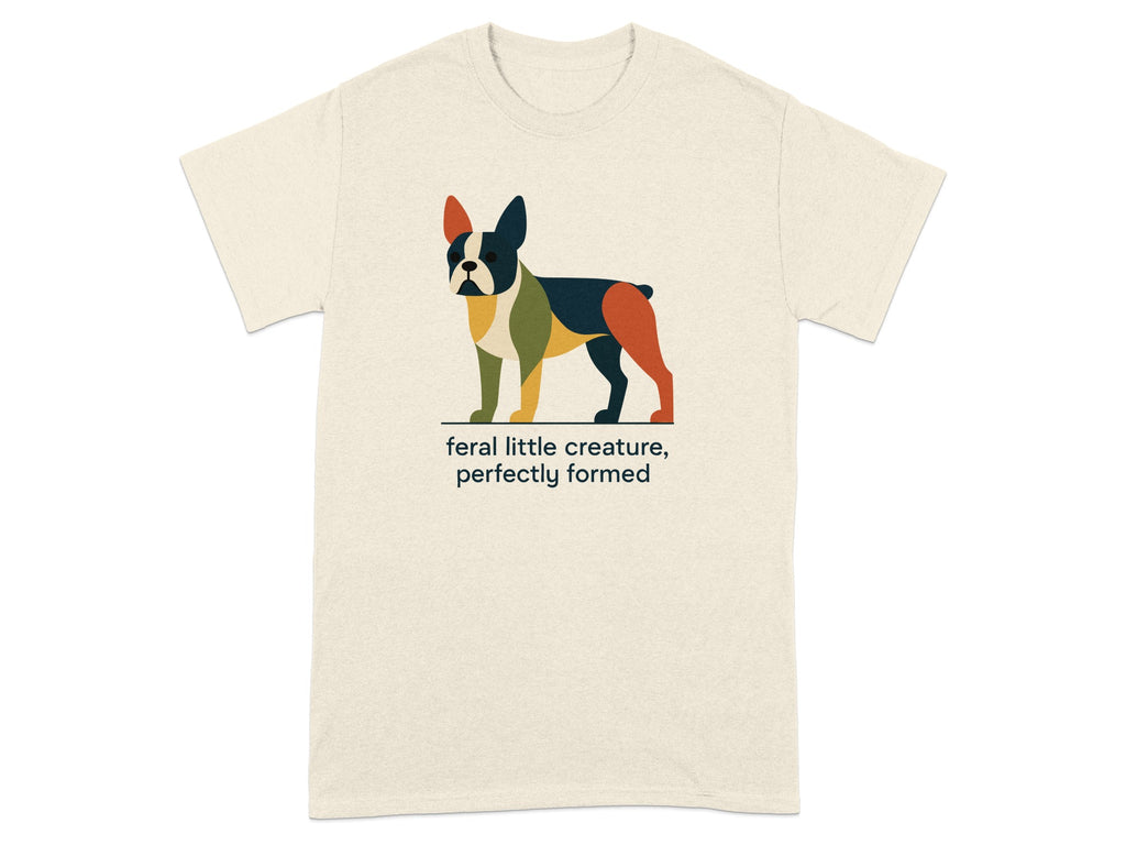 Cream t-shirt with a colorful abstract French bulldog graphic and text.