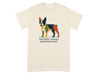 Cream t-shirt with a colorful abstract French bulldog graphic and text.
