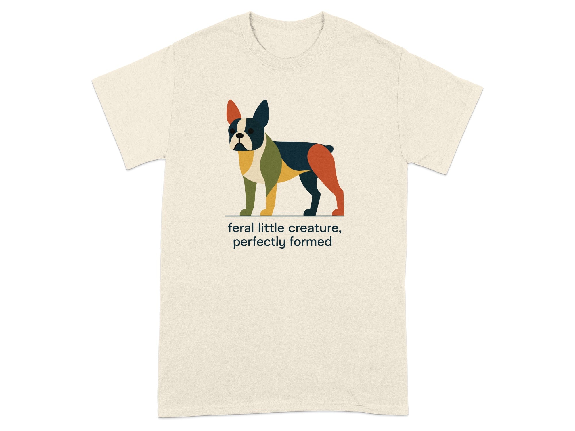 Cream t-shirt with a colorful abstract French bulldog graphic and text.