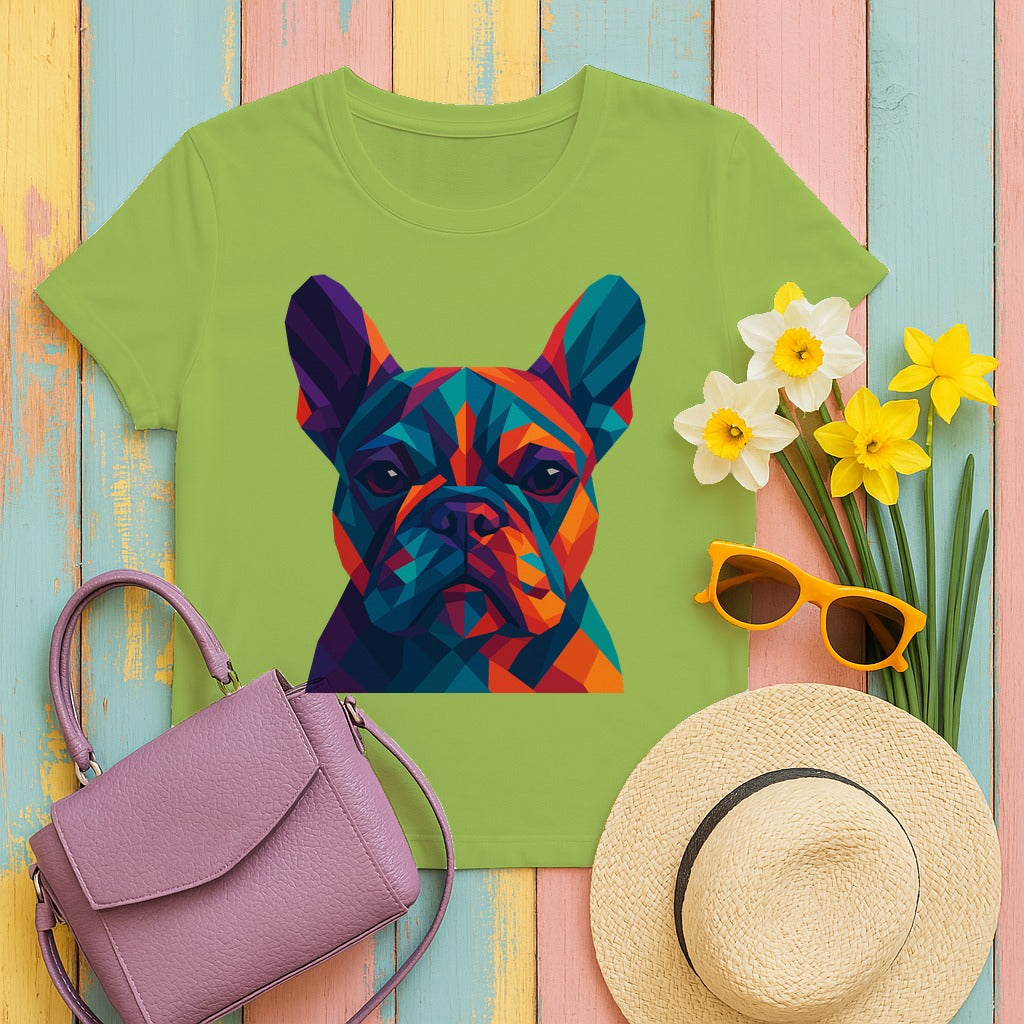 Geometric Colorful Frenchie Face T-Shirt in Kiwi