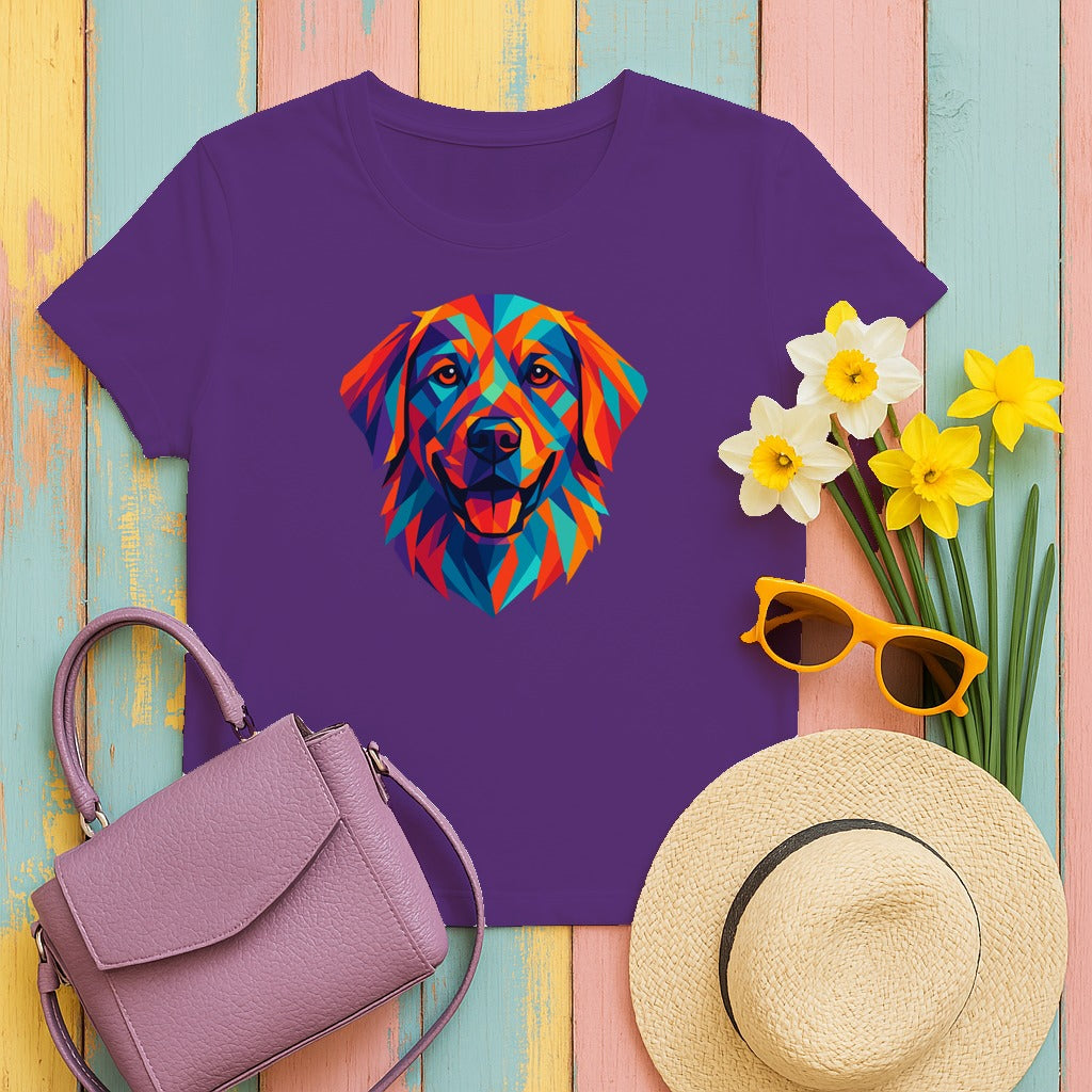 Geometric Golden Retriever Dog Colorful Art T-Shirt in Purple