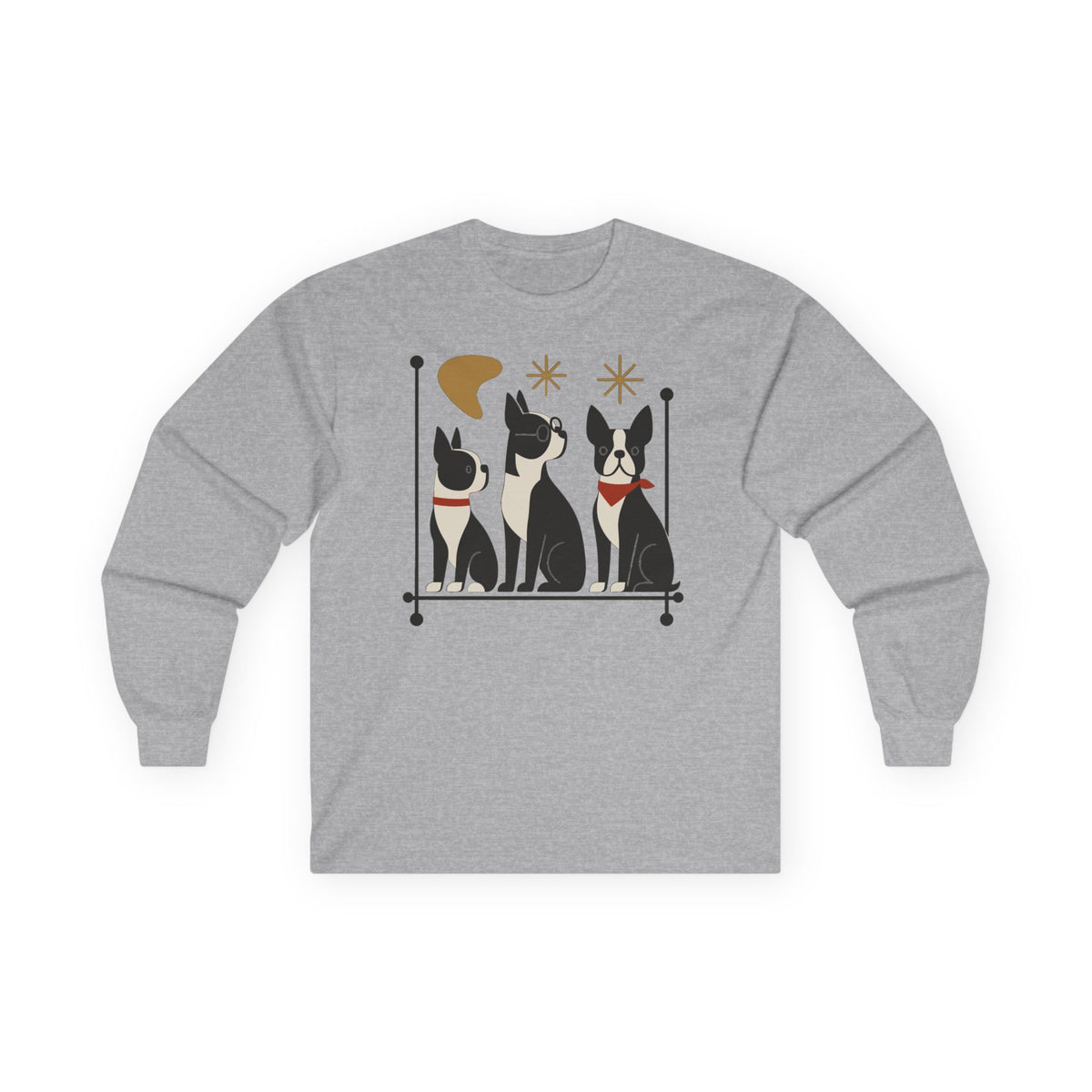 Mid-Century Modern Boston Terriers Long Sleeve Tee in Sport Grey