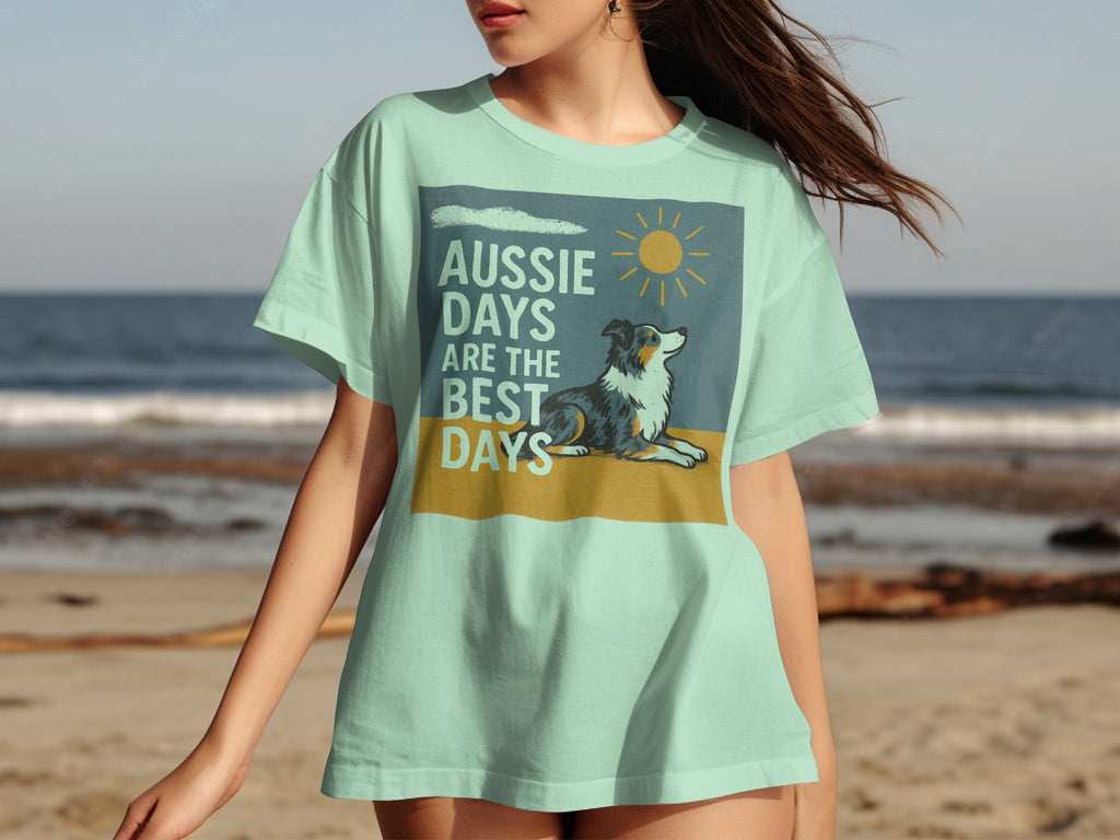 Light mint t-shirt with graphic "Aussie Days Are The Best Days" and a dog.