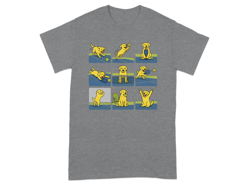 Yellow Labrador dogs playing tennis on a blue court in nine panels.